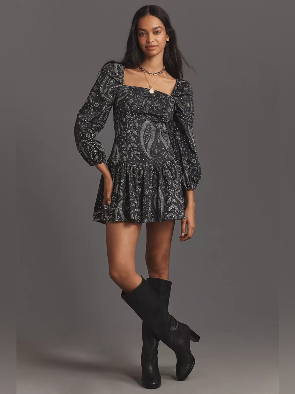 NWT Maeve Anthropologie Square Neck‎ Drop Waist Mini Dress Size XL Black